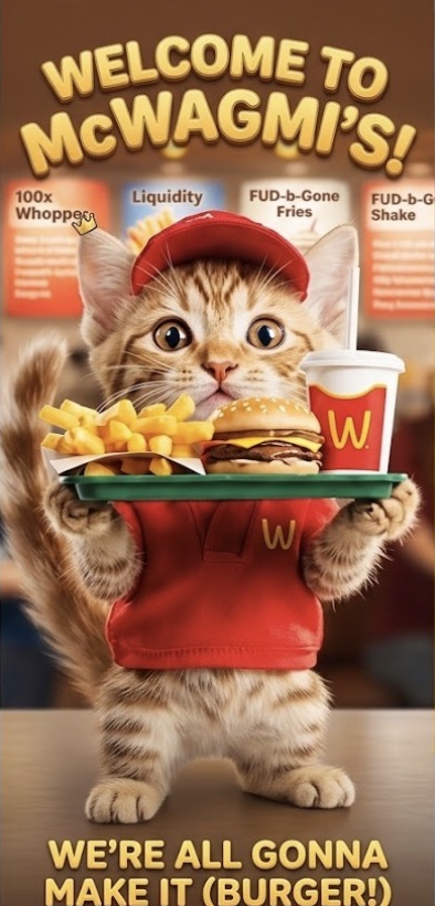 Kitten Donald's — a crowned kitten fast-food worker holding a tray of fries, a burger and a drink